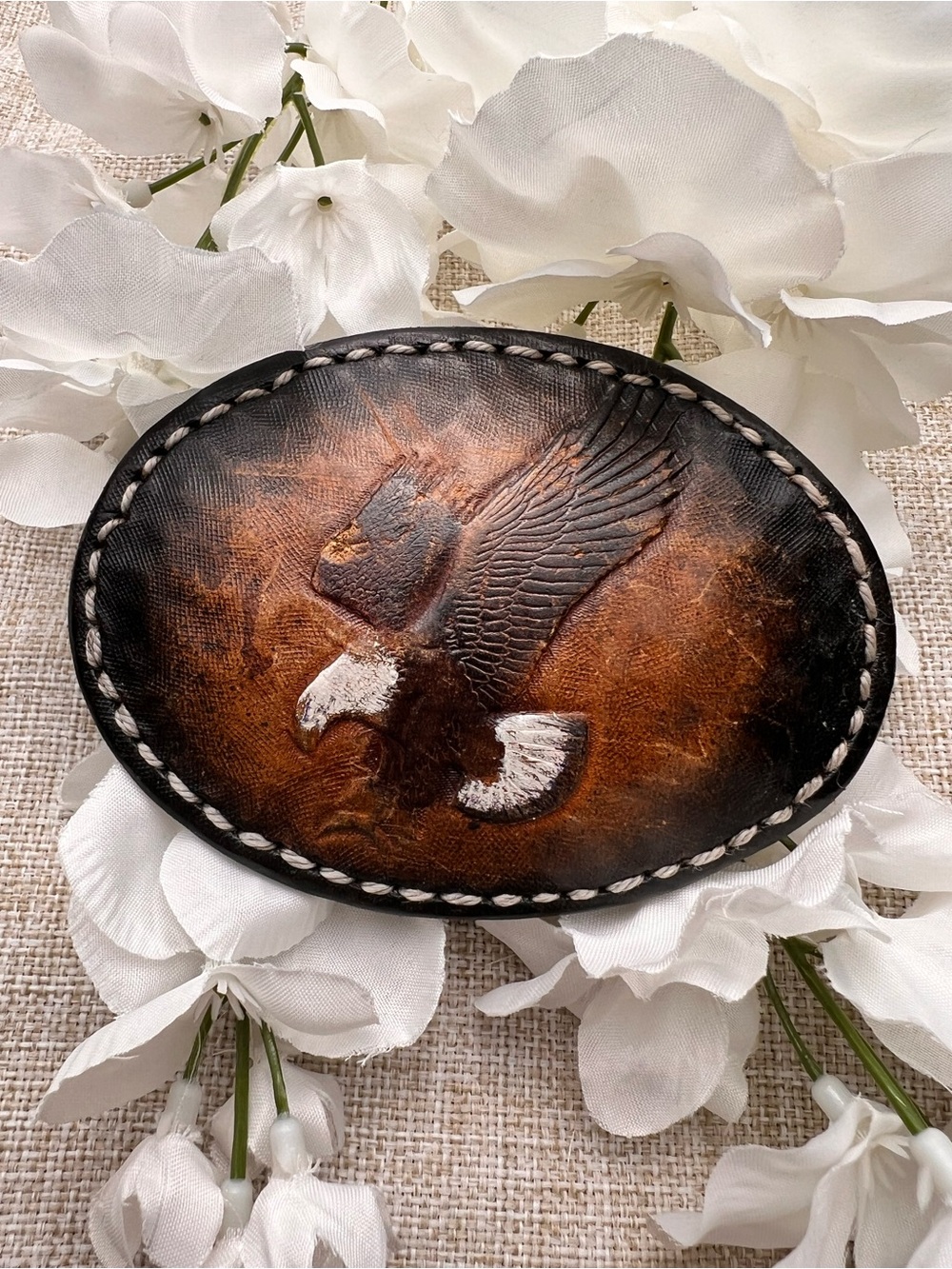 VINTAGE Stamped American Eagle Brown Leather White Stitched Oval Belt Buckle
